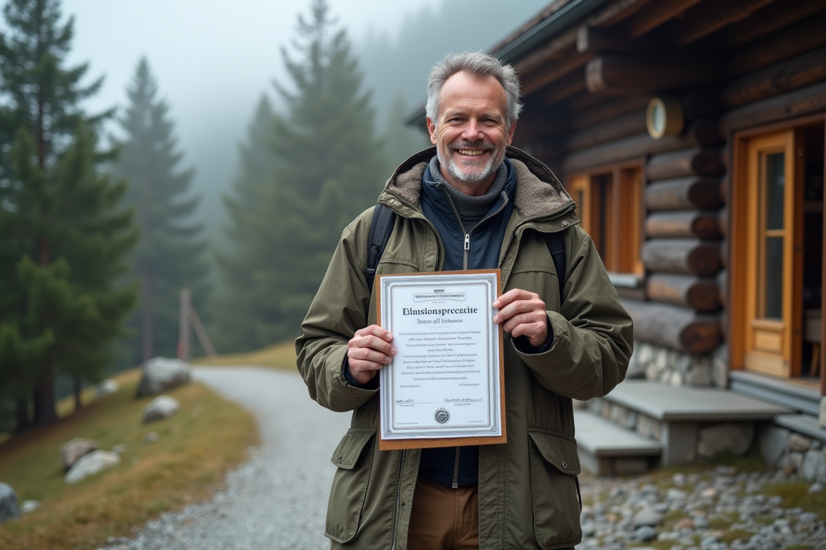Homme fiere montrant son certificat en paysage alpin