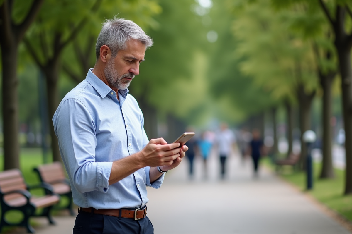 Homme lisant des avis sur son smartphone dans un parc