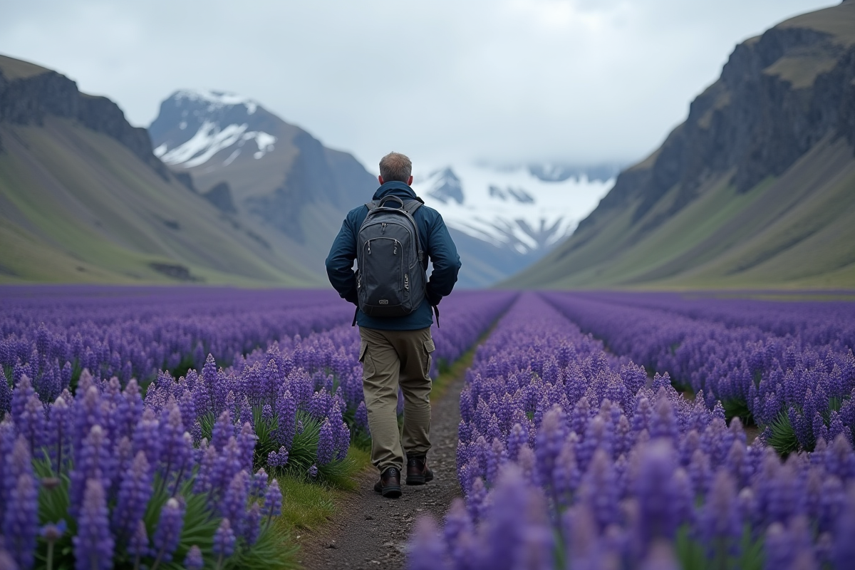 Homme en trek dans une vallée d