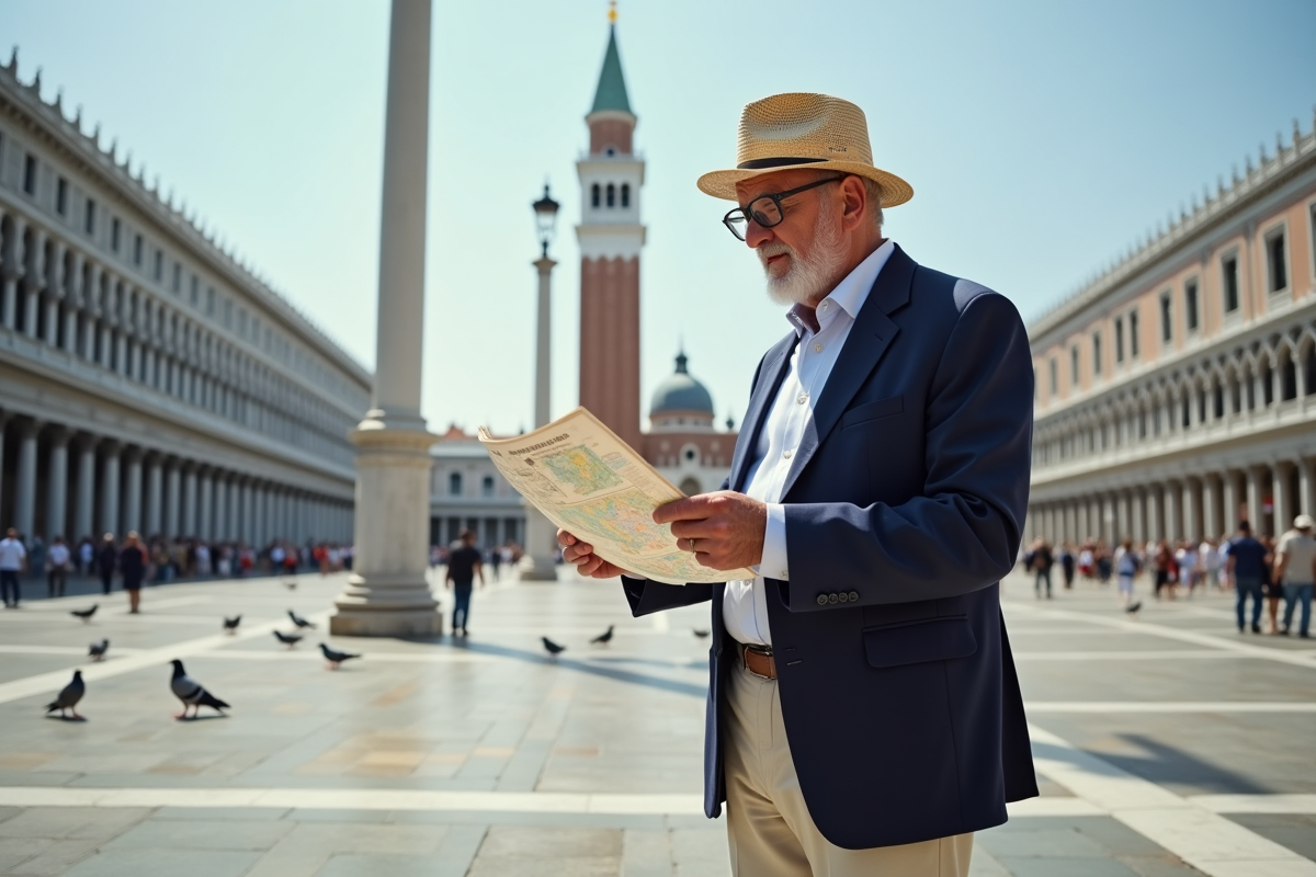 Homme âgé étudiant une carte près de Saint Mark