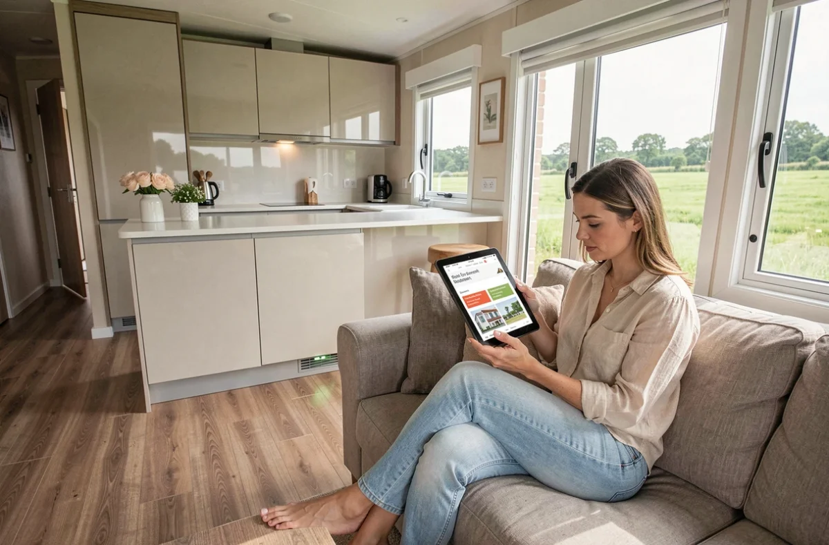 Intérieur élégant d'un mobil-home haut de gamme avec cuisine ouverte et salon moderne, femme consultant des marques de mobil-homes sur une tablette