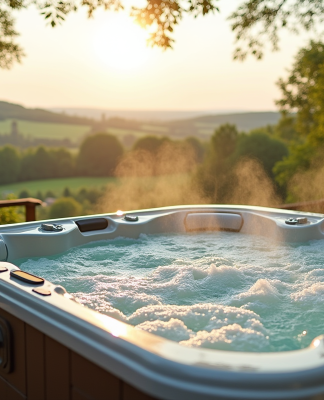 Jacuzzi extérieur sur terrasse en Normandie en matinée