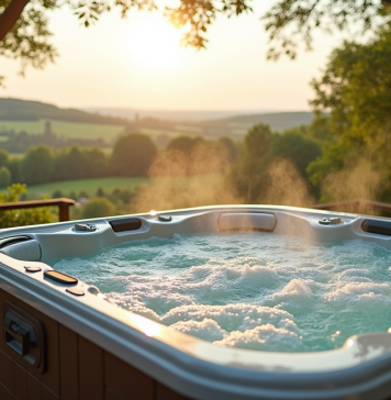 Jacuzzi extérieur sur terrasse en Normandie en matinée