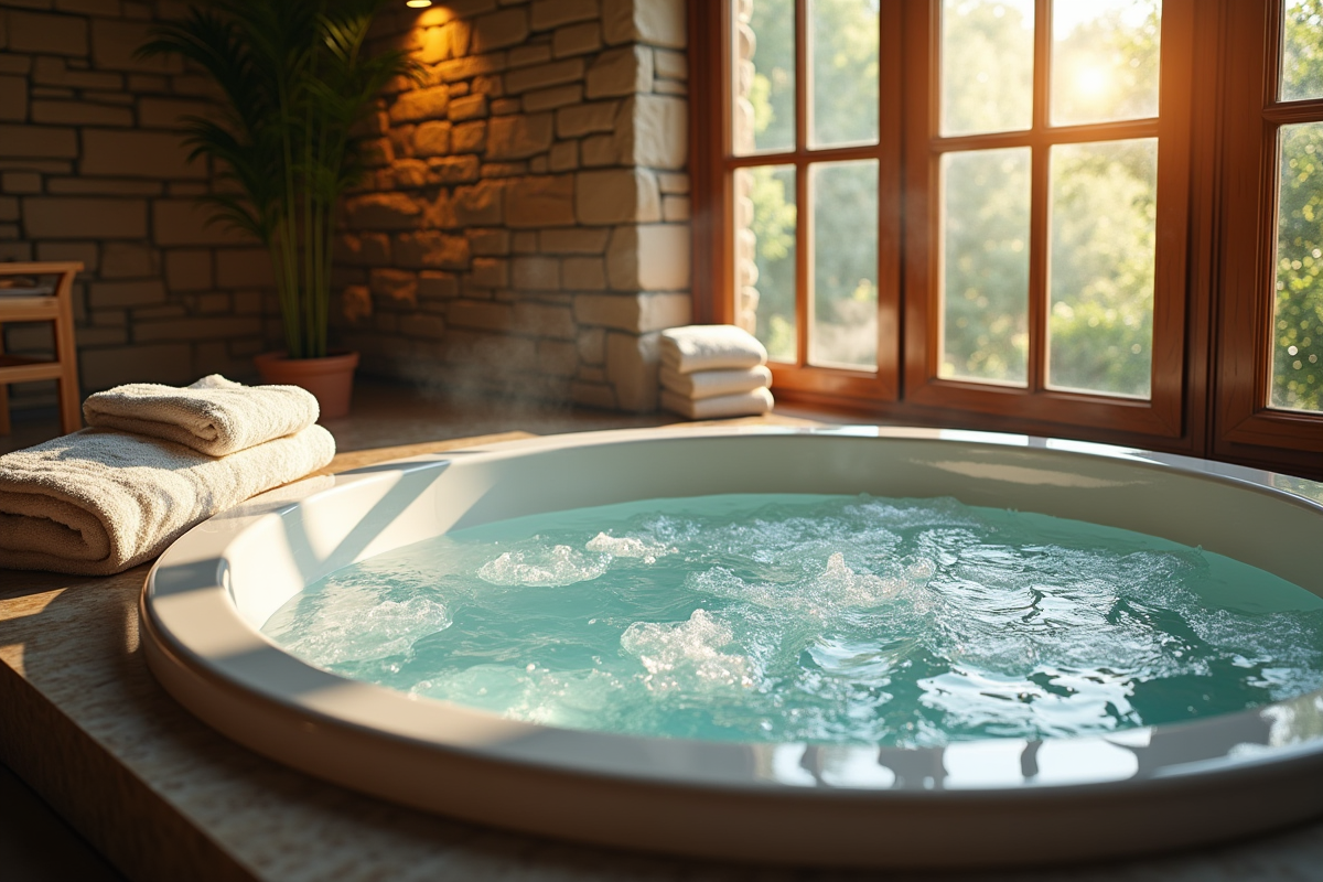 Jacuzzi intérieur lumineux avec vue et ambiance cosy