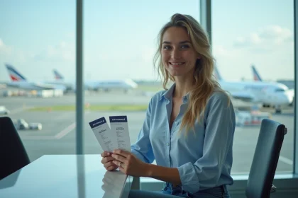 Jeune femme dans un a&eacute;roport tenant ses billets d'avion Air France
