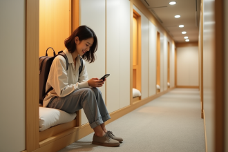 Jeune femme japonaise dans un capsule hôtel en train de regarder son smartphone