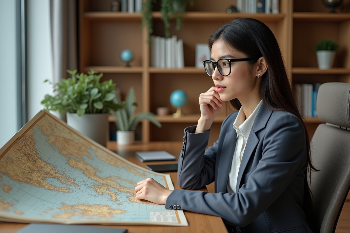 Jeune femme regardant une carte du monde dans un bureau moderne