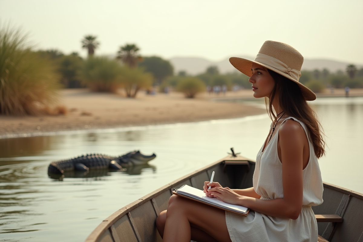 Jeune femme dessinant crocodile au bord du Nile