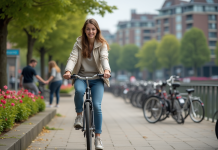 Jeune femme en vélo dans une ville animée avec arbres et immeubles