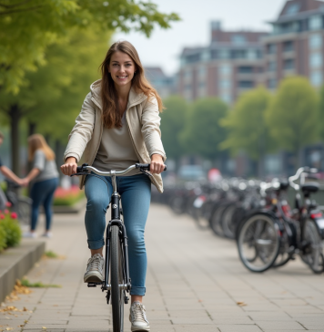 Capitale mondiale du vélo : connaissez-vous son emplacement ? Jeune femme en vélo dans une ville animée avec arbres et immeubles