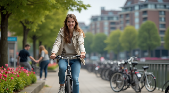 Jeune femme en vélo dans une ville animée avec arbres et immeubles