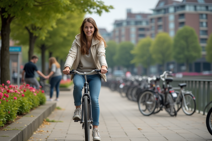 Jeune femme en vélo dans une ville animée avec arbres et immeubles