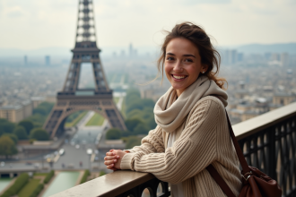 Jeune femme souriante à la tour Eiffel en Paris