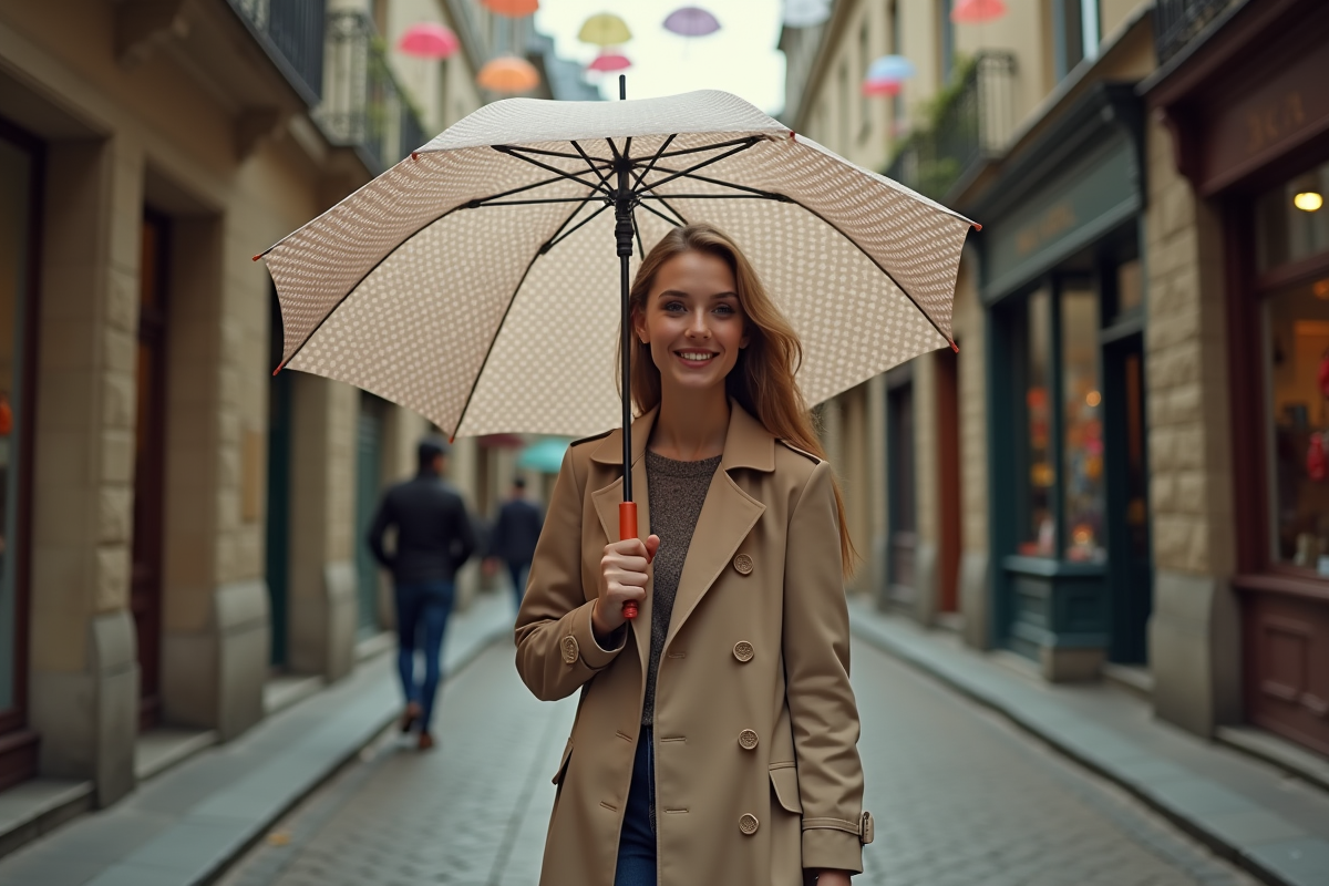 Jeune femme avec parapluie dans une rue pavée de Paris