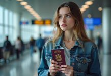 Jeune femme avec passeport dans un aéroport moderne