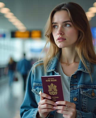 Jeune femme avec passeport dans un aéroport moderne