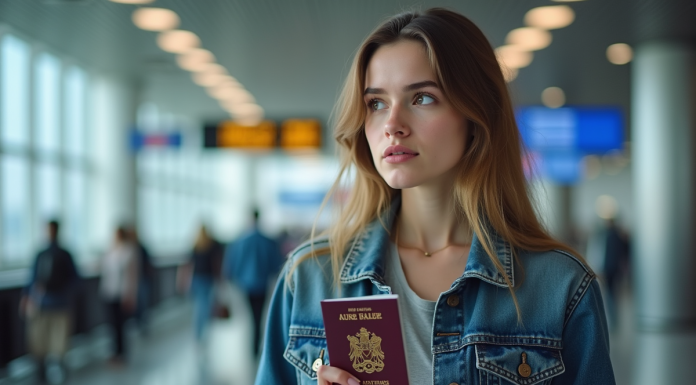 Jeune femme avec passeport dans un aéroport moderne