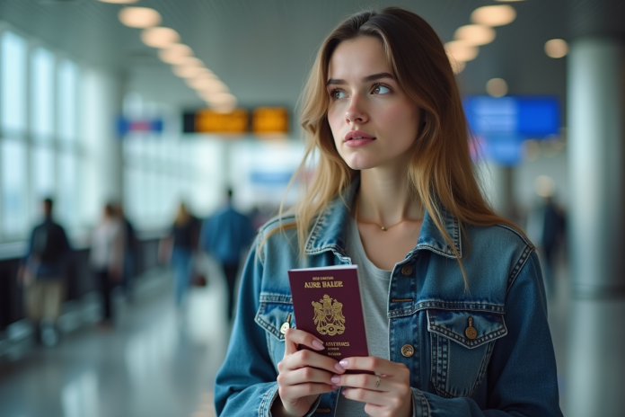 Jeune femme avec passeport dans un aéroport moderne