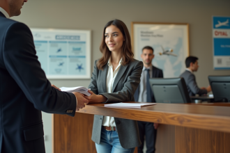 Jeune femme en blazer remet des documents au guichet
