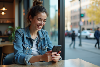 Jeune femme souriante utilisant une application de covoiturage au café