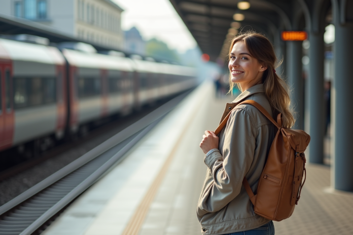 Jeune femme avec sac à dos devant un train moderne en gare