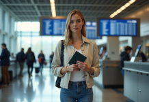 Voyager : quel papier utiliser en remplacement de la carte d’identité ? Jeune femme présentant son passeport dans une gare moderne