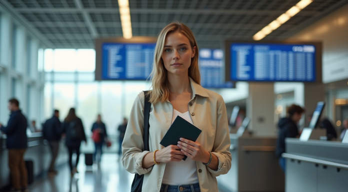 Jeune femme présentant son passeport dans une gare moderne