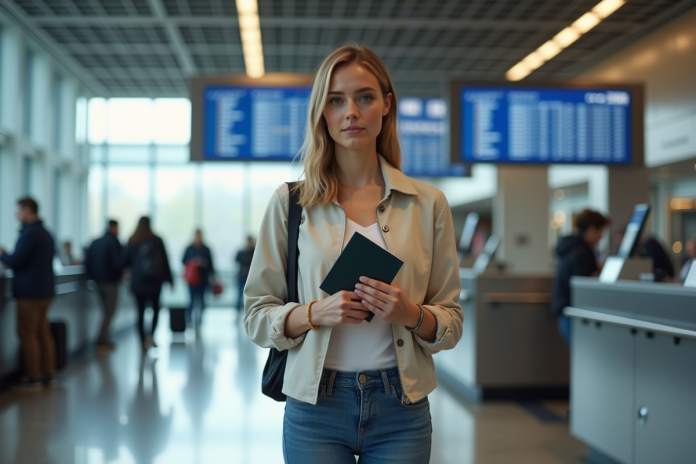jeune-femme-train-station Jeune femme présentant son passeport dans une gare moderne