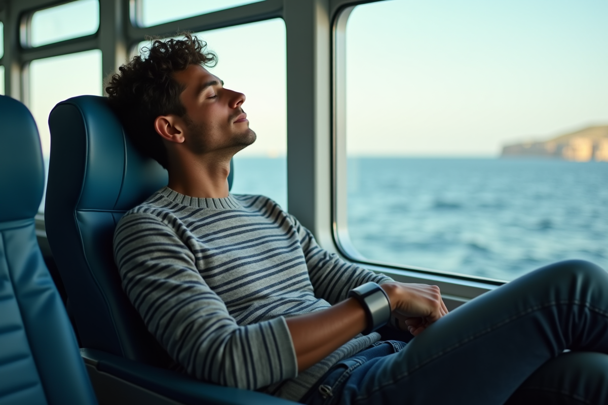 Jeune homme appliquant un bracelet antinausée dans le ferry