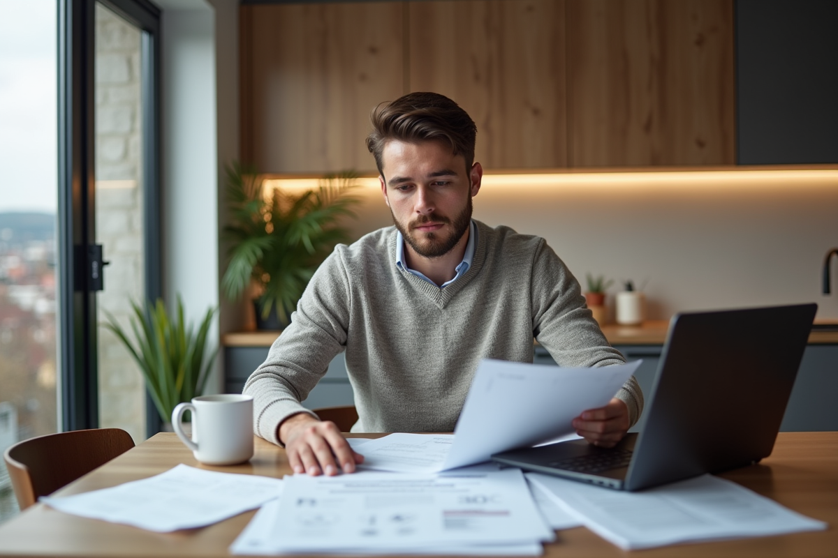 Jeune homme concentré avec papiers et ordinateur dans une cuisine moderne