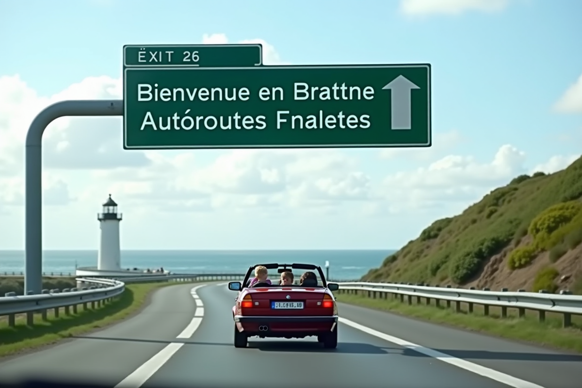 Panneau d autoroute bienvenue en Bretagne avec famille en voiture
