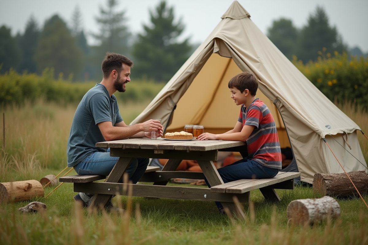 Homme et enfant construisant une table en bois dans la nature