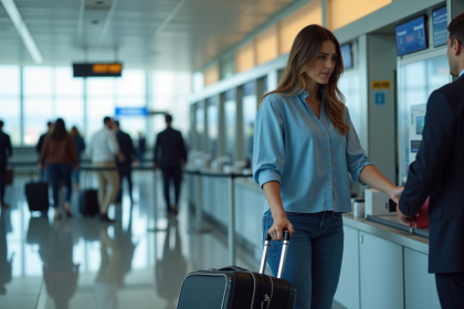Femme enregistrement à l'aéroport avec valise