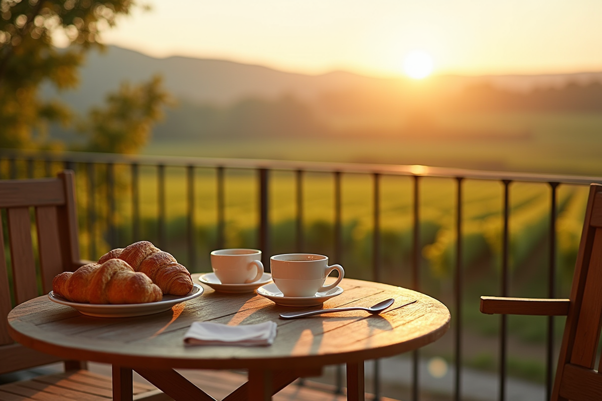 Petit déjeuner avec vue sur vignobles alsaciens au lever du soleil