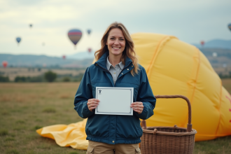 Femme souriante tenant son certificat de pilotage de ballon
