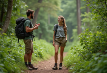 Tourisme durable VS tourisme de masse : quelles différences en termes d’objectifs ? Jeune femme souriante observant un guide en forêt