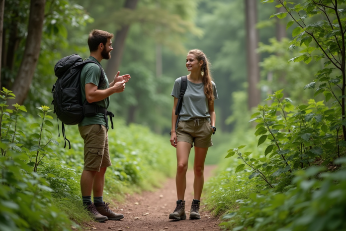 Jeune femme souriante observant un guide en forêt