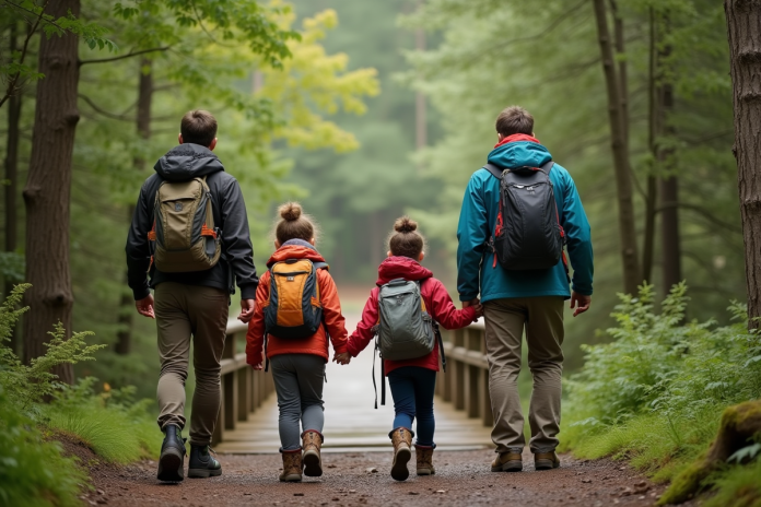 Groupe divers en randonnée dans un parc national verdoyant