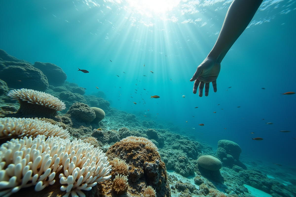Reef endommagé avec coraux blanchis et débris plastiques