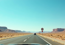 Autoroute américaine dans le désert ensoleille avec voiture