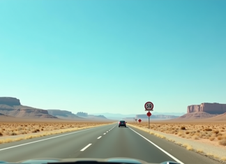 Conduite en Amérique : facile ou difficile ? Astuces et conseils Autoroute américaine dans le désert ensoleille avec voiture