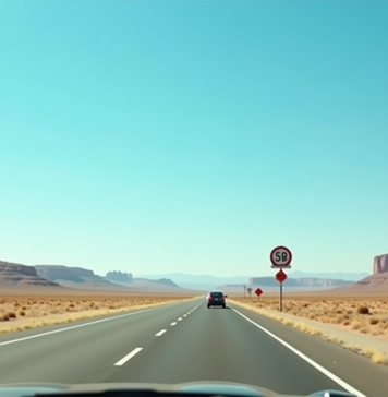 Conduite en Amérique : facile ou difficile ? Astuces et conseils Autoroute américaine dans le désert ensoleille avec voiture