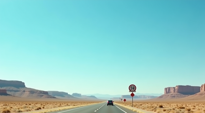 Autoroute américaine dans le désert ensoleille avec voiture
