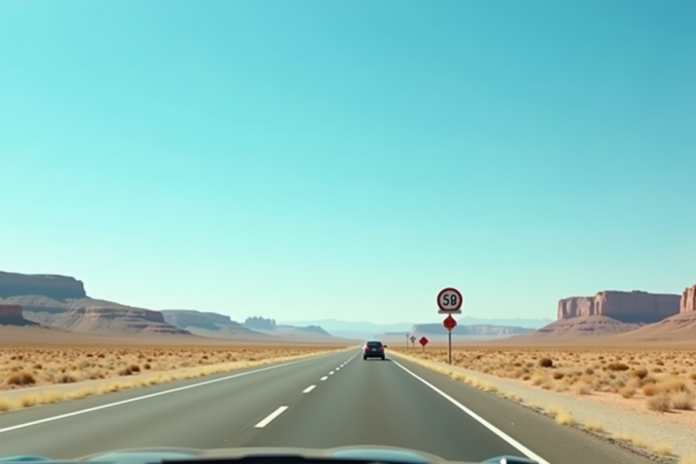 route-americaine-desert Autoroute américaine dans le désert ensoleille avec voiture