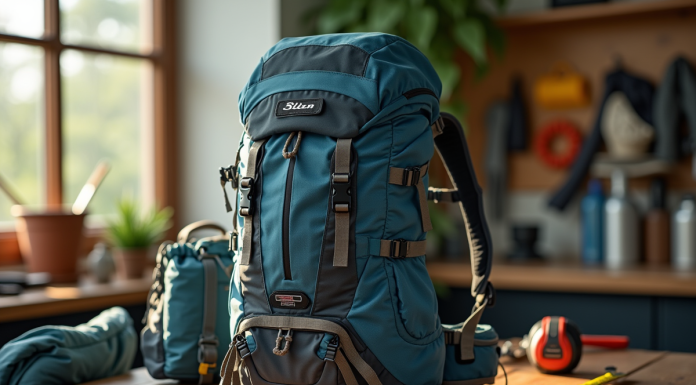 Sac a dos de randonnee spacieux sur une table en bois