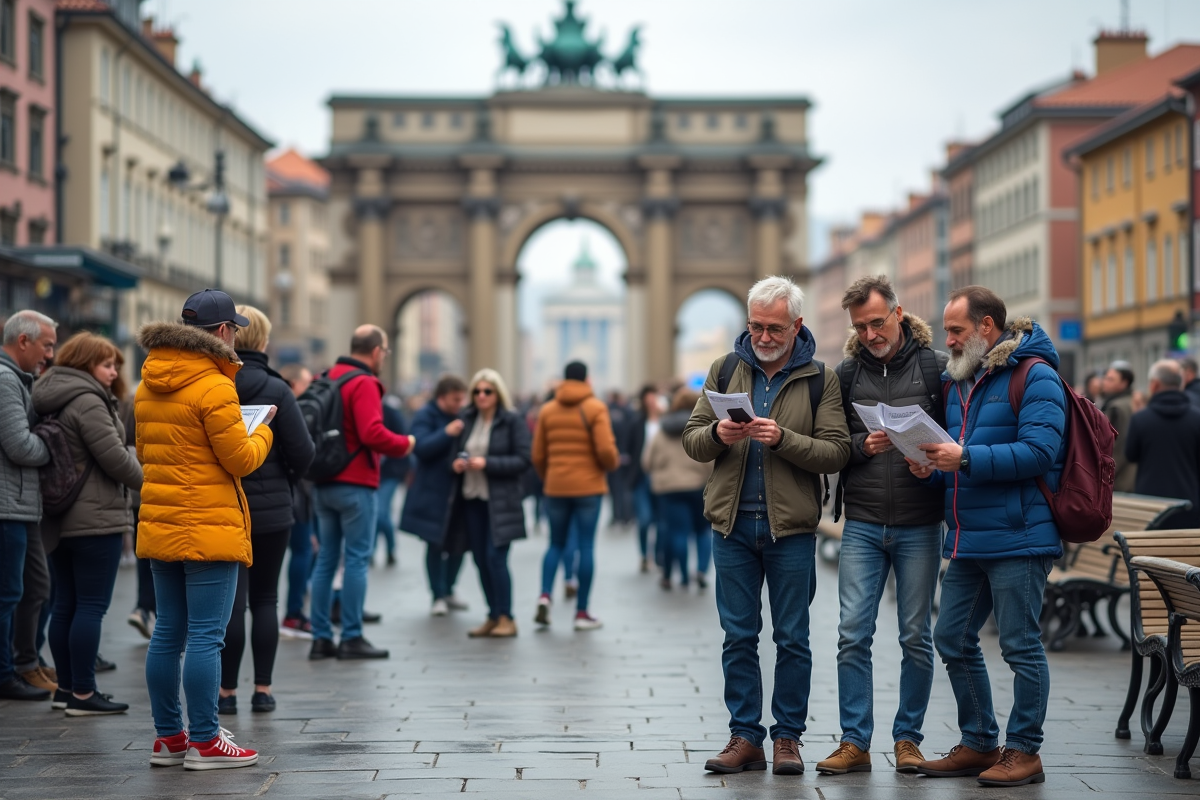 Groupe de touristes regardant leurs téléphones en ville