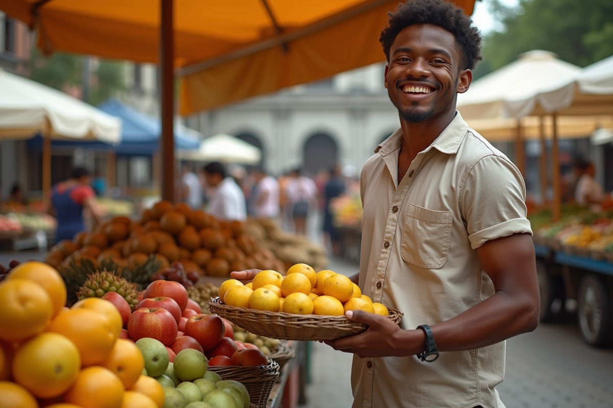 Jeune vendeur présentant des fruits tropicaux aux passants