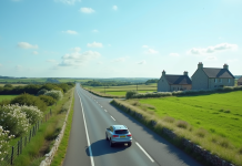 Voiture moderne sur une route bretonne verdoyante