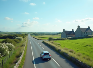 Comment profiter des autoroutes gratuites en Bretagne pour vos déplacements Voiture moderne sur une route bretonne verdoyante