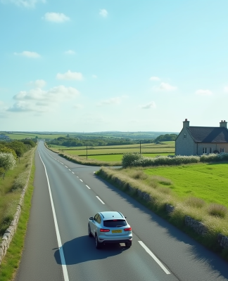 Voiture moderne sur une route bretonne verdoyante